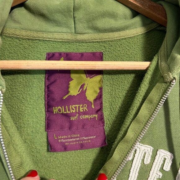 Y2K Hollister Zip Up Hoodie L Green Logo Spellout Surf 2000s Laguna Beach - Picture 9 of 9